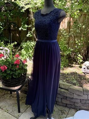 David's Bridal Navy Lace Bodice Chiffon Maxi Dress